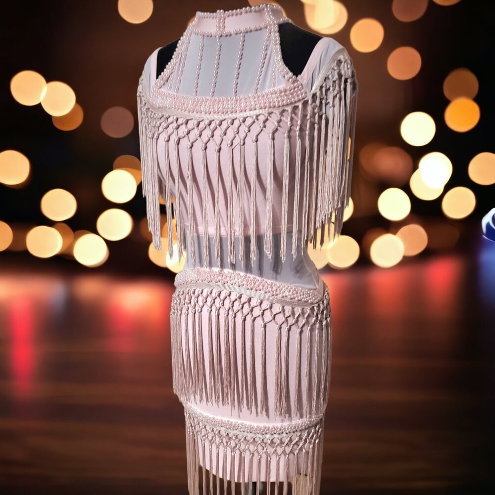 Pink Off the Shoulder Pearl Fringe Tassel Body-Con Halter Short Dress - Picture 8 of 10